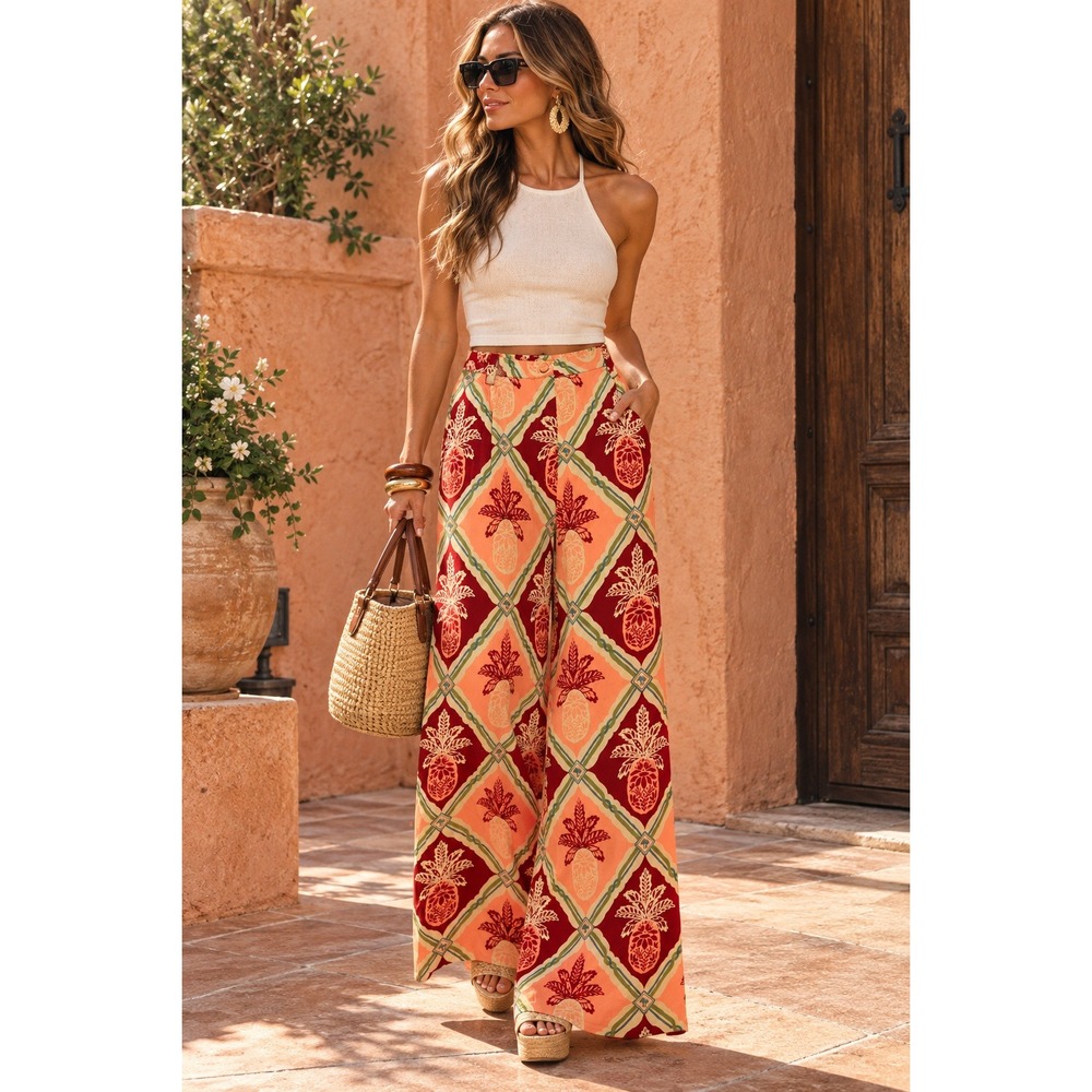 FARM Rio Anthropologie Pineapple Satin Wide Leg Pants Tropical Print Small